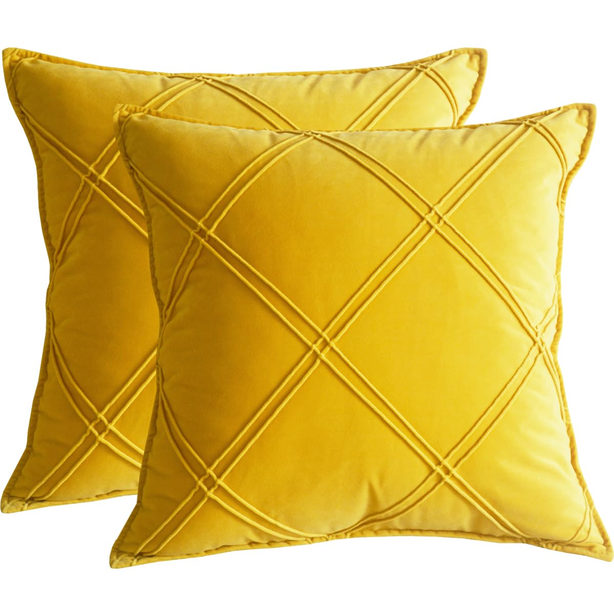 Lutanky Dark Yellow Velvet Cushion Covers Decorative Square Throw Pillow Covers Checked Design Elegant Pillowcases for Sofa Bed Living Room 18x18inch 45x45cm Set of 2