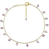 CRYSTALINES Natural Gesmtone Dangling Anklets, Microfaceted Stones Ankle Bracelet, Healing Crystals, Handmade Hanging Jewelry, 14K Gold Plated, Adjustable Chain, Gift for Women, 9+1.50inch