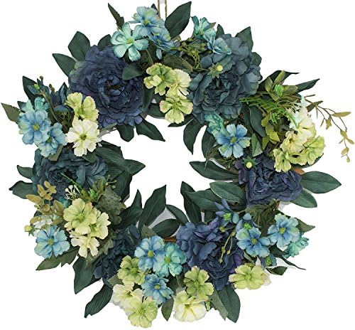 Imaly Decor Silk Summer Door Wreath 16 Inch -Handcrafted On A Grapevine Wreath Base- Blue And Purple Tones