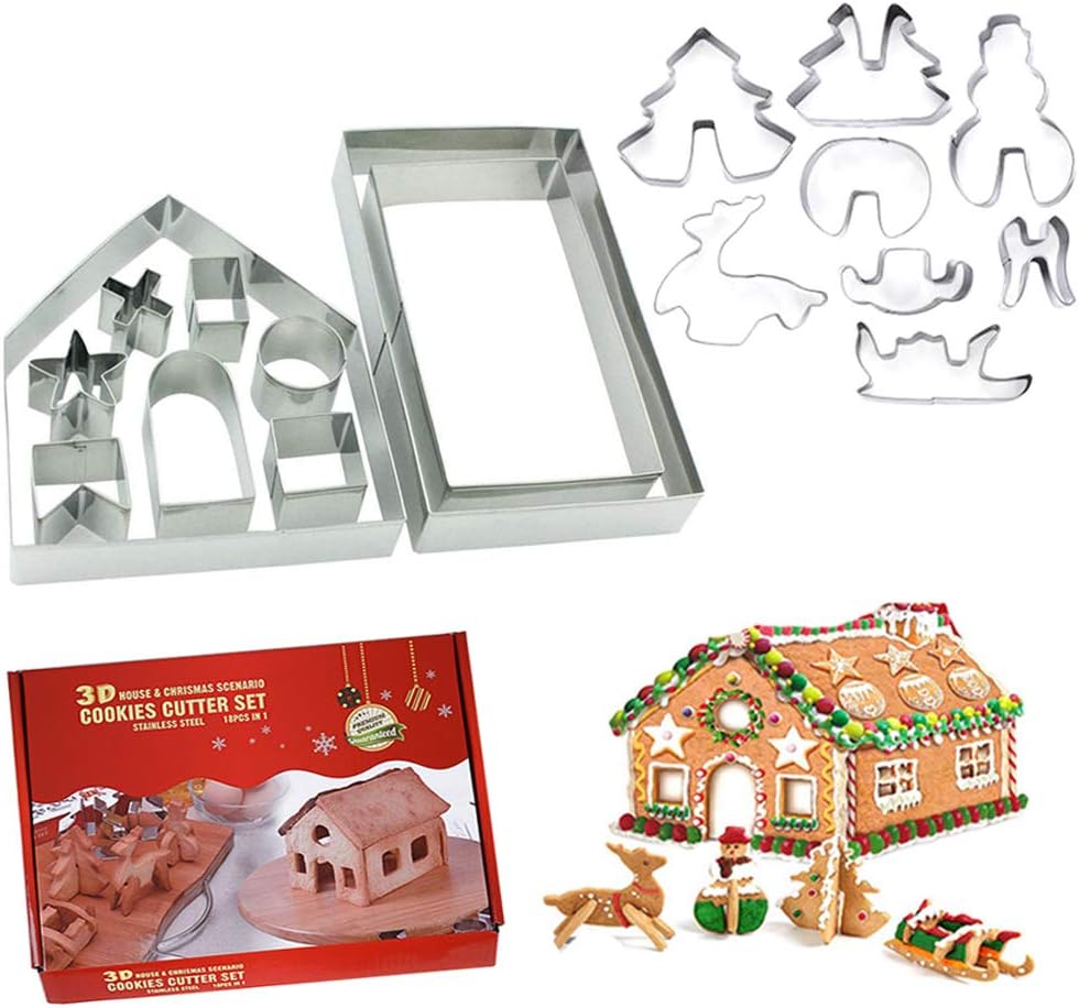 OSOF 18PCS Stainless Steel Christmas House Cookie Cutter Kit, 3D Chocolate House Cookie Cutter Set, Gingerbread House Haunted House Cutters