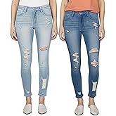Women's Mid Waisted Jeans Trendy Distressed Stretch Ripped Butt Lift Denim Pants (Pack of 2)