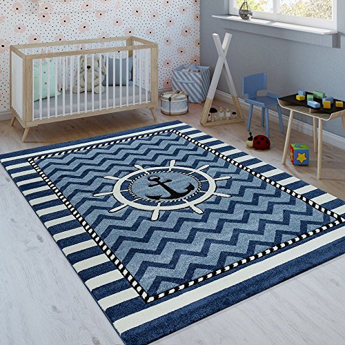 Amazon De Paco Home Kinderteppich Indigo Blau Weiss Maritim Trend