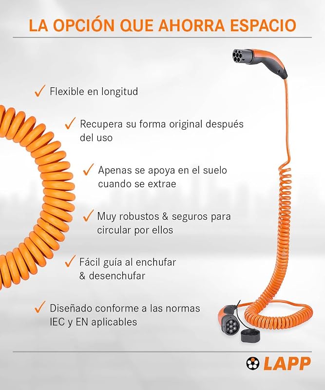 Mobility Cable de Carga EV Tipo 2 - Cable Espiral 11kW, 20A, Trifásico, Resistente al Polvo y al Agua IP55, Flexible, Compatible con Todos los Vehículos Eléctricos e Híbridos Europeos, 5m, Negro