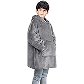 Fotgear Wearable Blanket Hoodie for Kids - Oversized Hoodie Blankets with Hood and Pocket - Super Soft Warm Cozy Sherpa Sweatshirt Blankets for Girls Boys, One Size Fits All, Gray