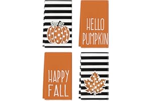 Artoid Mode Stripes Polka Dot Hello Pumpkin Fall Kitchen Towels Dish Towels, 18x26 Inch Farmhouse Maple Leaves Decoration Hand Towels Set of 4