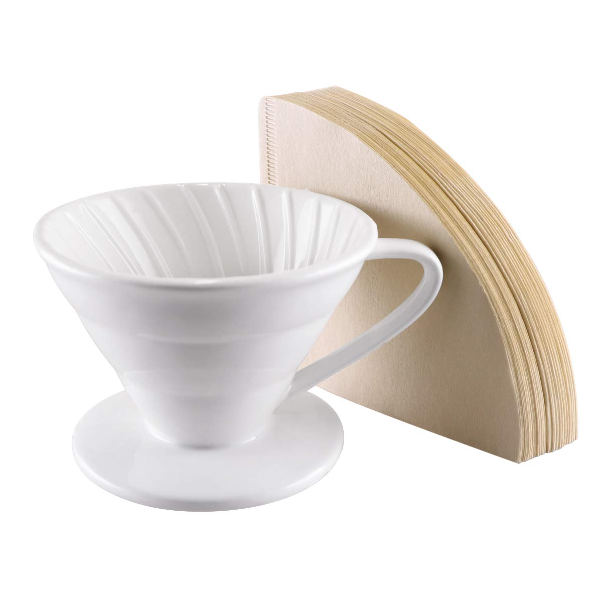 Roponan Coffee Dripper, Ceramic Pour Over Coffee Filter, Porcelain Coffee Cone with 80 Paper Filters for Home, Cafe, Restaurants (White)