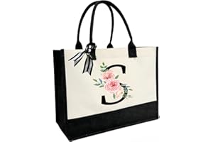 JOJHDR Initial Canvas Beach Tote Bag with Printed letter,Personalized Gifts for Women,Mom,Friends,Teachers and Bridesmaids