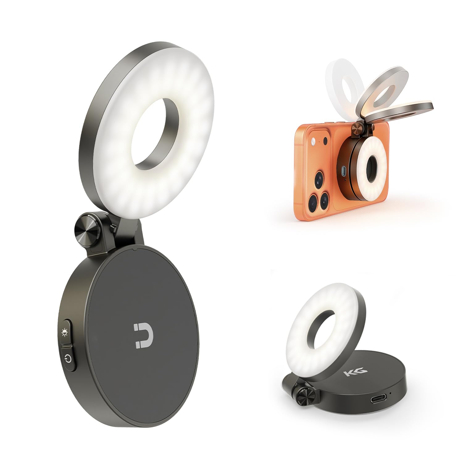KraftGeek Magnetic Selfie Light for iPhone, Portable Phone Ring Light with Rechargeable Battery, Compact LED Phone Light for Travel, Video Recording, Vlogging