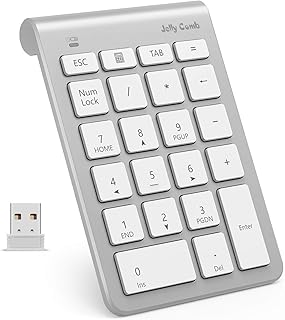 Jelly Comb Kabelloser Nummernblock, Ultra Slim 2.4G 22 Tasten Nummerische Tastatur Keypad Numpad Ziffernblock für Laptop, PC, Notebook und Surface Pro usw, Weiss und Silber