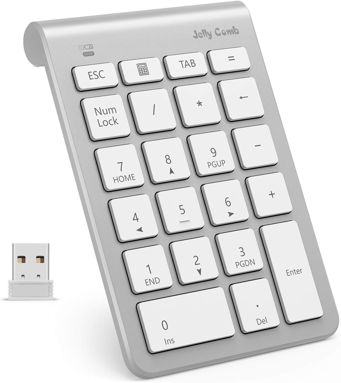 Jelly Comb Kabelloser Nummernblock, Ultra Slim 2.4G 22 Tasten Nummerische Tastatur Keypad Numpad Ziffernblock für Laptop, PC, Notebook und Surface Pro usw, Weiss und Silber