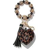 Angyape Wrist Keychain Bracelet Silicone Bead Car Keychain Wristlet for Women Leopard Heart Tassel Bag Charms for Handbags