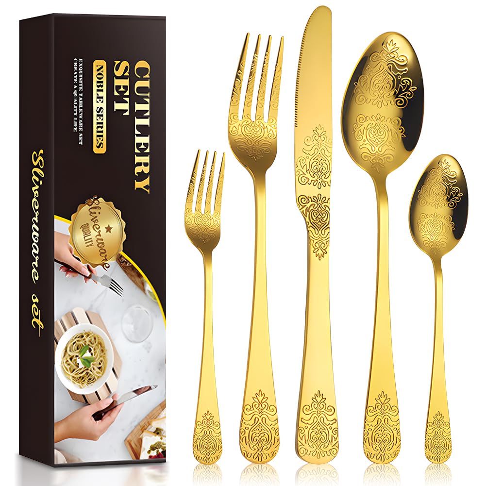 Gold Cutlery Set, Home Safety 30-Piece Spoons Knife and Fork Set, Mirror Polished Cutlery Set for 6 People, Includes Steak Knives, Dinner Forks, Tablespoons, Teaspoon, Dessert Forks,Dishwasher Safe