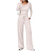 Trendy Queen Women's 2 Piece Matching Lounge Sets Fall Fashion Outfits Henley Neck Sweater Top Wide Leg Pants Sweat Suits