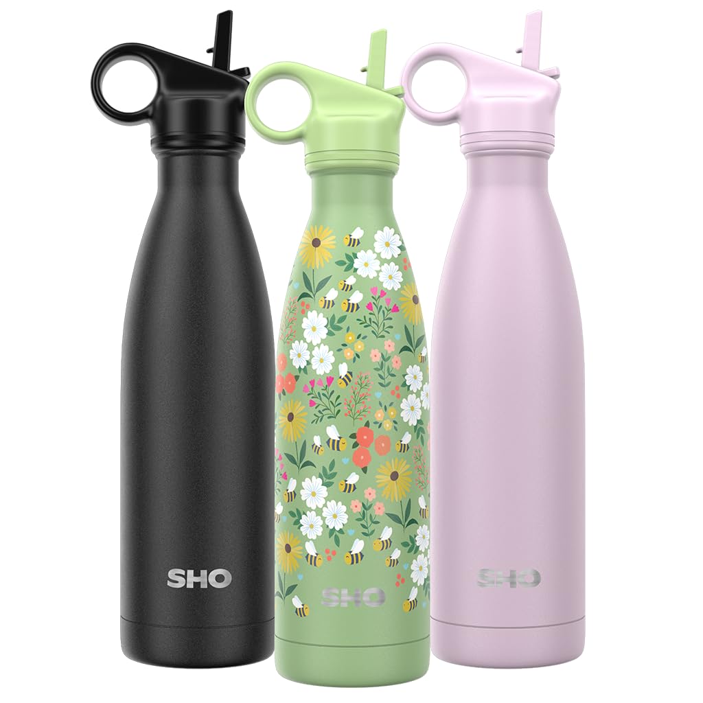 SHO Stainless Steel Water Bottle with Straw and Screw Lid - Leakproof, BPA Free, Vacuum Insulated Double Wall Metal Flask 500ml Original 2.0 12 Hours Hot 24 Cold (500ml, Ditsy Bees)