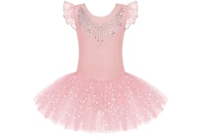 Zaclotre Kid Girls Ruffle Sleeve Ballet Skirted Leotard Shiny Dance Tutu Dresses
