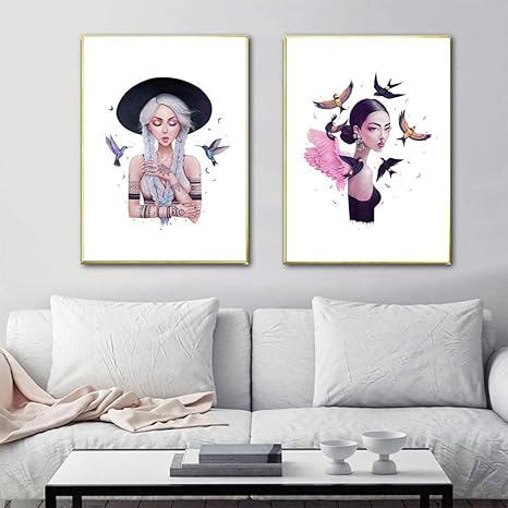 Amazon ノルディックモダンガール鳥抽象ファッションスタイルキャンバス絵画アートプリントポスター画像壁リビングルーム家の装飾 40x60cmx2ピースフレームレス アートフレーム ポスター オンライン通販