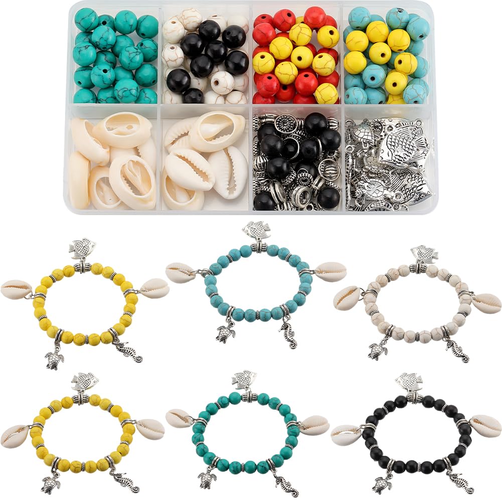 SUNNYCLUE 1 Box 6 Sets Summer Ocean Bracelet Making Kit Lucky Turquoise Beads Sea Animal Ocean Bead Turquoise Bracelets Bulk Hawaii Shell Beads for jewellery Making Kits Beginners Adult DIY Supplies