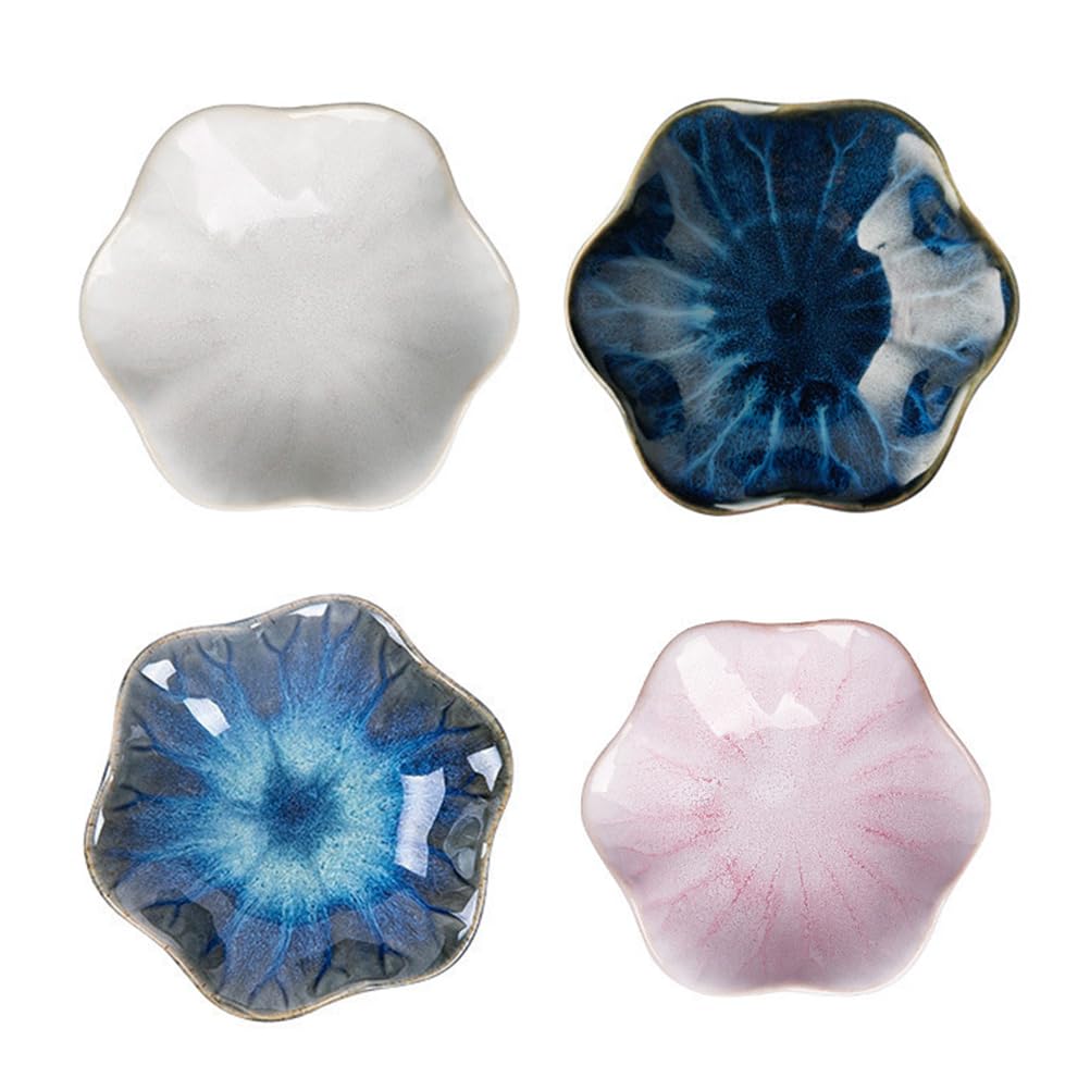 Cabilock Japanese Style Lotus Leaf Ceramic Seasoning Plates Porcelain Kiln Glazed Set of 4 Small Dishes for Sauce Nuts Fruit Snacks 4.33 Inch