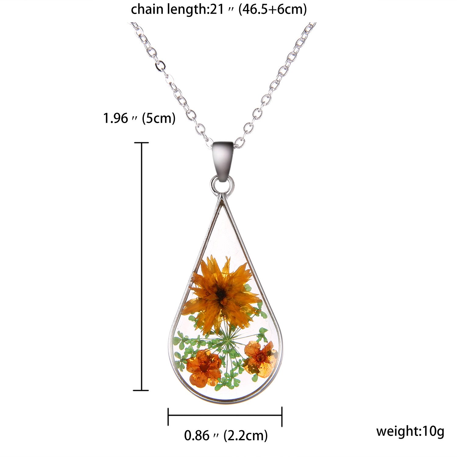 Rinhoo Silver Plated Handmade Real Dry Pressed Flower Cross Bar Shape Pendant Necklace Women Girls Jewelry (Teardrop(Yellow))