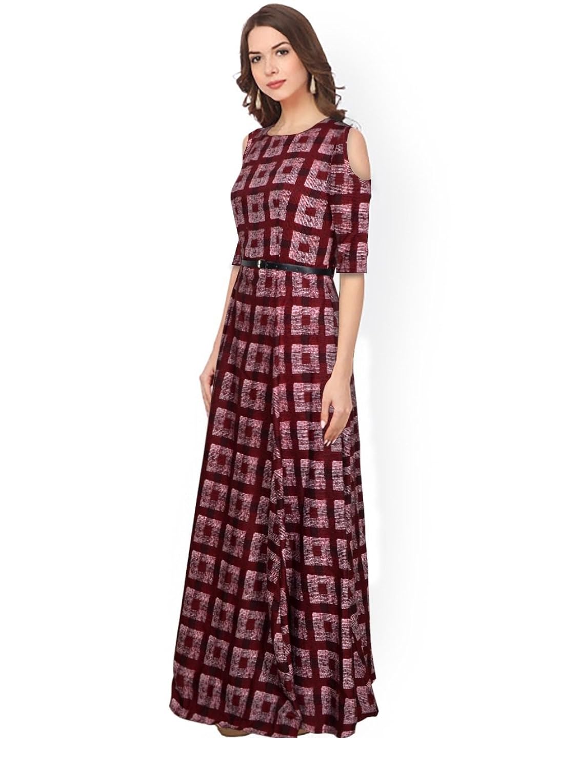 sj trendz women's maroon american crepe printed latest 2018 party wear gown dress