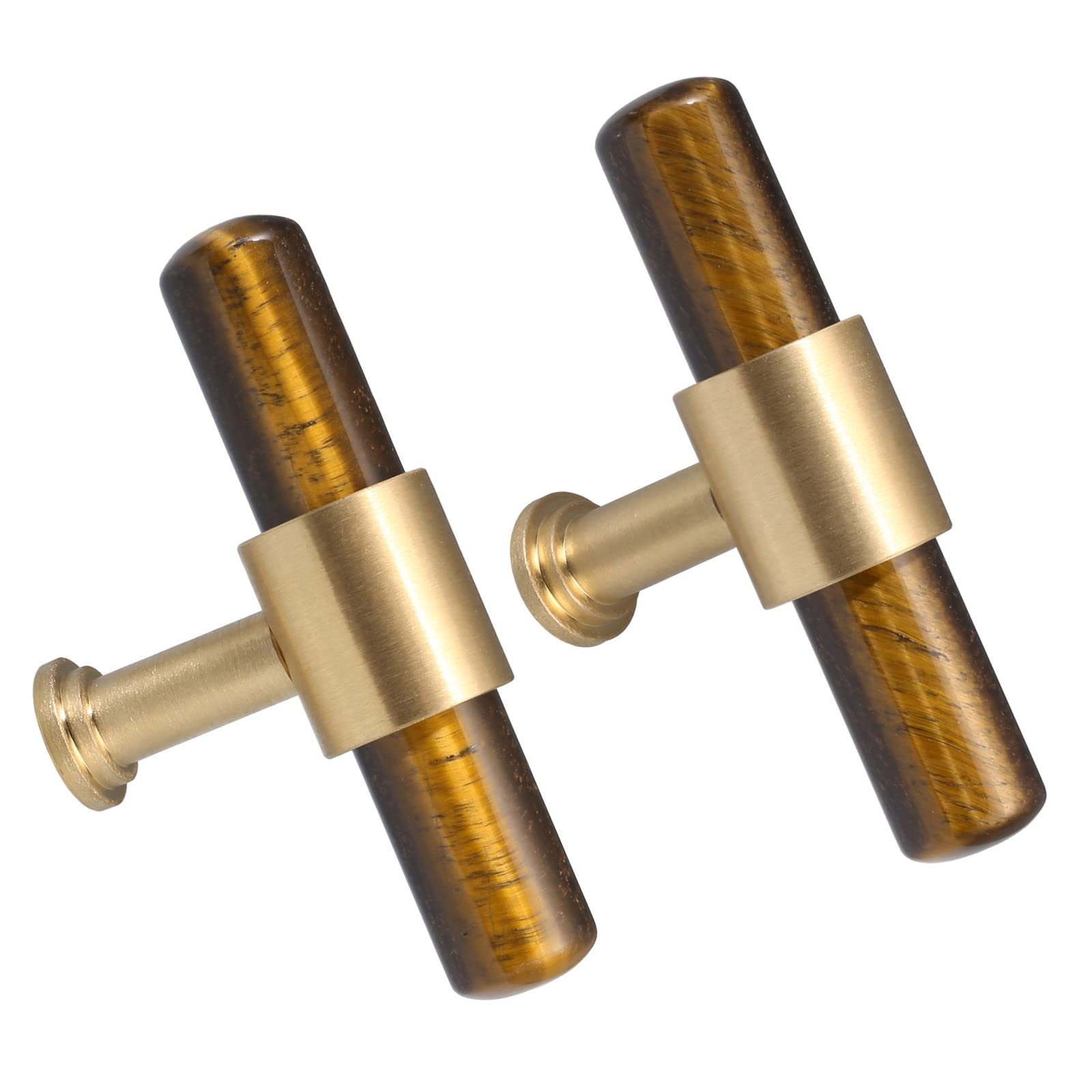 Nupuyai 2pcs Tiger's Eye Crystal Stone Drawer Pulls and Knobs, Cylinder Wand Cabinet Knobs Brass Handles for Dresser Wardrobe Kitchen Decor