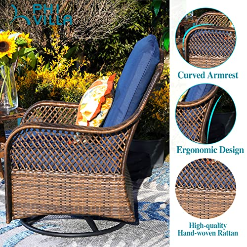 PHI VILLA Outdoor Wicker Patio Furniture Set 3 Piece, 2 Rattan Swivel Rocker Patio Chairs Large