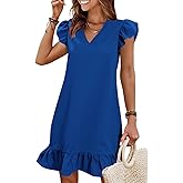 QACOHU Spring Summer Dresses for Women 2026 V Neck Cap Sleeve Ruffle Hem Smock Short Casual Beach Dress