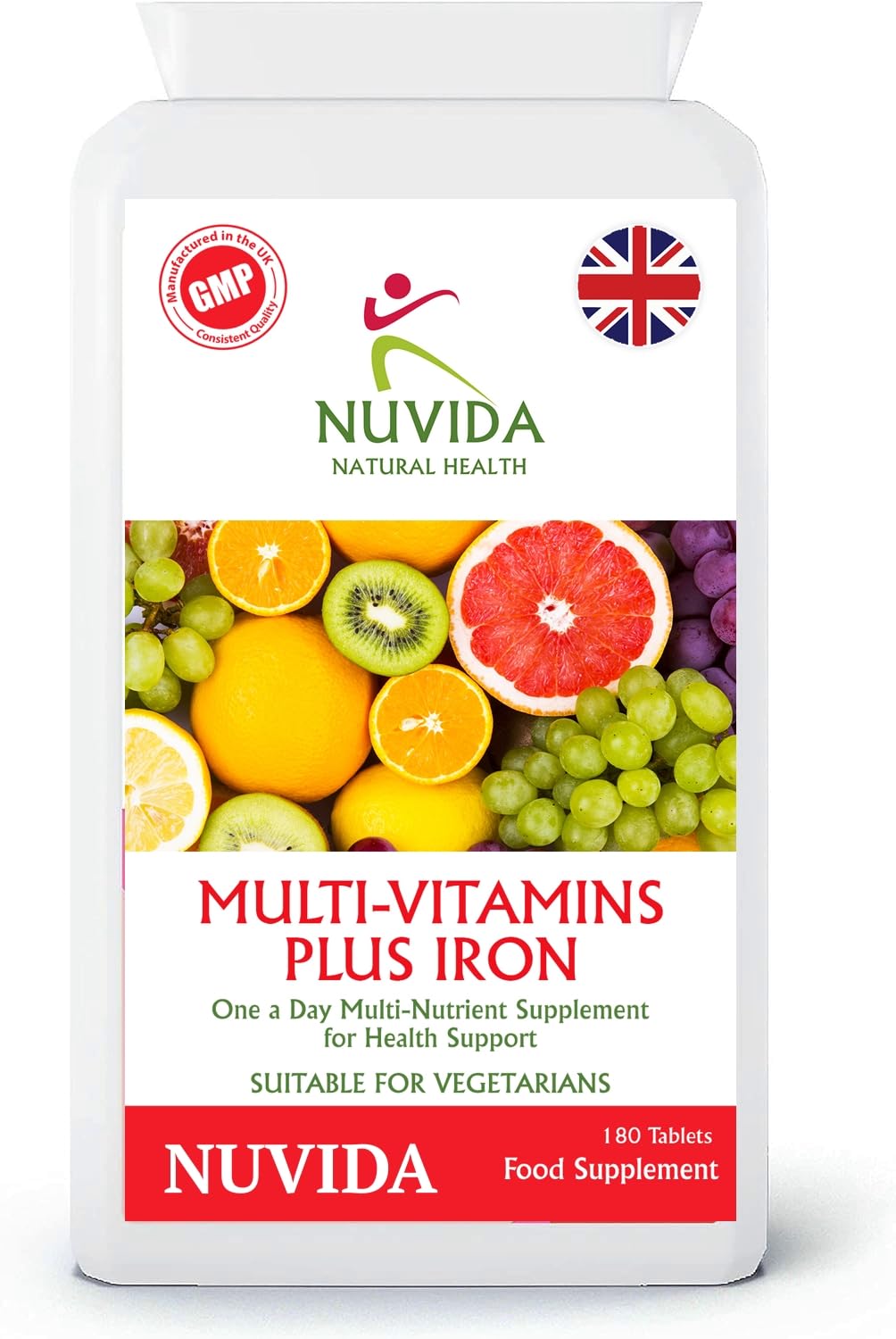 Nuvida Multivitamin Tablets with Iron - High Strength Multivitamins for Men and Women - One A Day Multivitamin Supplement - 6 Months Supply
