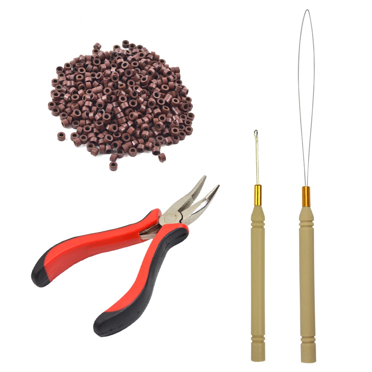 Hair Extensions Pliers Tool Kit I-tip Hair Pliers Pulling Hook Bead Device Tool Kits and 500 pcs 5mm Silicone Lined Micro Rings (Brown)