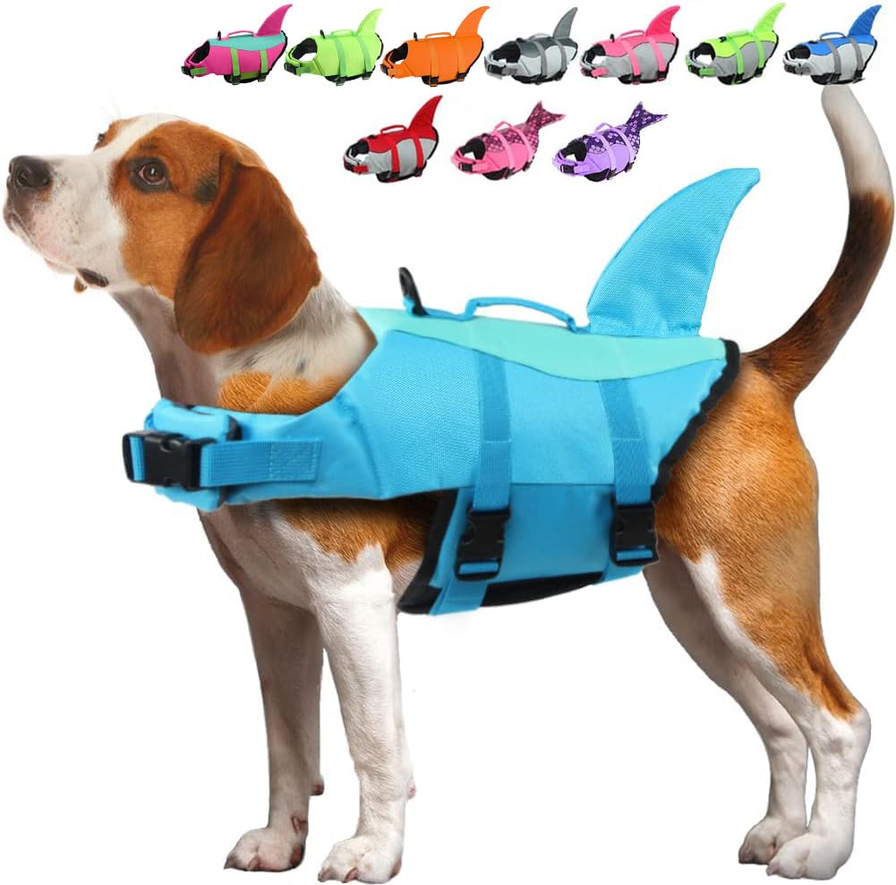 EMUST Shark Life Jacket for Dogs, Adjustable Ripstop Dog Life Vest with Rescue Handle, Pool Blue, L