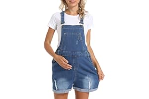 Women Adjustable Strap Stretchy Distressed Maternity Denim Shortall Romper Rolled Hem Short Bib Jean Overalls