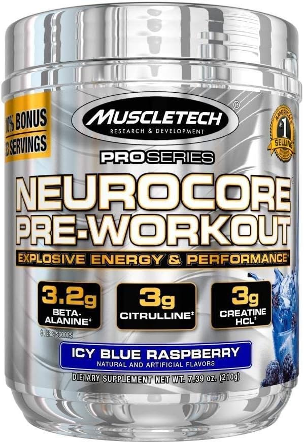 MuscleTech Neurocore Pre Workout Powder with Creatine, Beta-Alanine, & Citrulline, Icy Blue Raspberry, 33 Servings (210g): Health & Personal Care