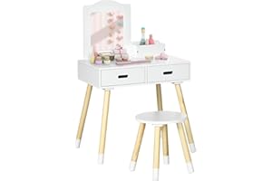 Qaba Kids Vanity Set with Mirror and Stool, Vanity Table and Chair Set with Drawers, Makeup Dressing Table for Children Aged 