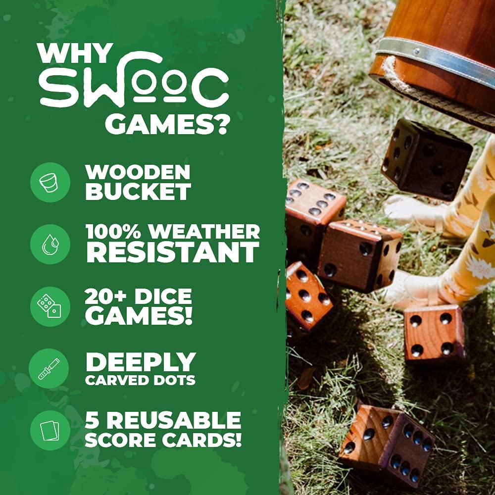 SWOOC Giant Yard Dice Games Set - 6 Wood Dice, Bucket, Scorecards, 20+ Games (Yardzee, Farkle), Weather Resistant