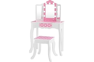 Teamson Kids Vanity Set with LED Mirror for Girls, Wooden Pink White Kids Makeup Table with Stool and Drawer, Pretend Beauty Toy Furniture for Toddlers and Children