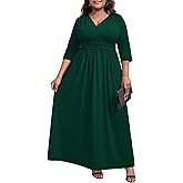 Runwind Plus Size Maxi Dress for Curvy Women - Casual Long 3/4 Sleeve Wedding Guest Dress with Pockets