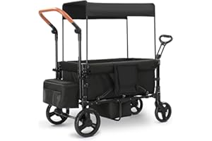 Zxcivhua Stroller Wagon for 2 Kids, Foldable All Terrain Wagon for Kids, with Removable Canopy, Adjustable Push and Pull Handle, 5 Point Harnesses, Large Storage Bag (Black)