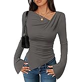 ZESICA Women's Long Bell Sleeve Shirts 2026 Fall Going Out Asymmetrical Crop Tops Slim Fit Ribbed Ruched Y2K Clothes