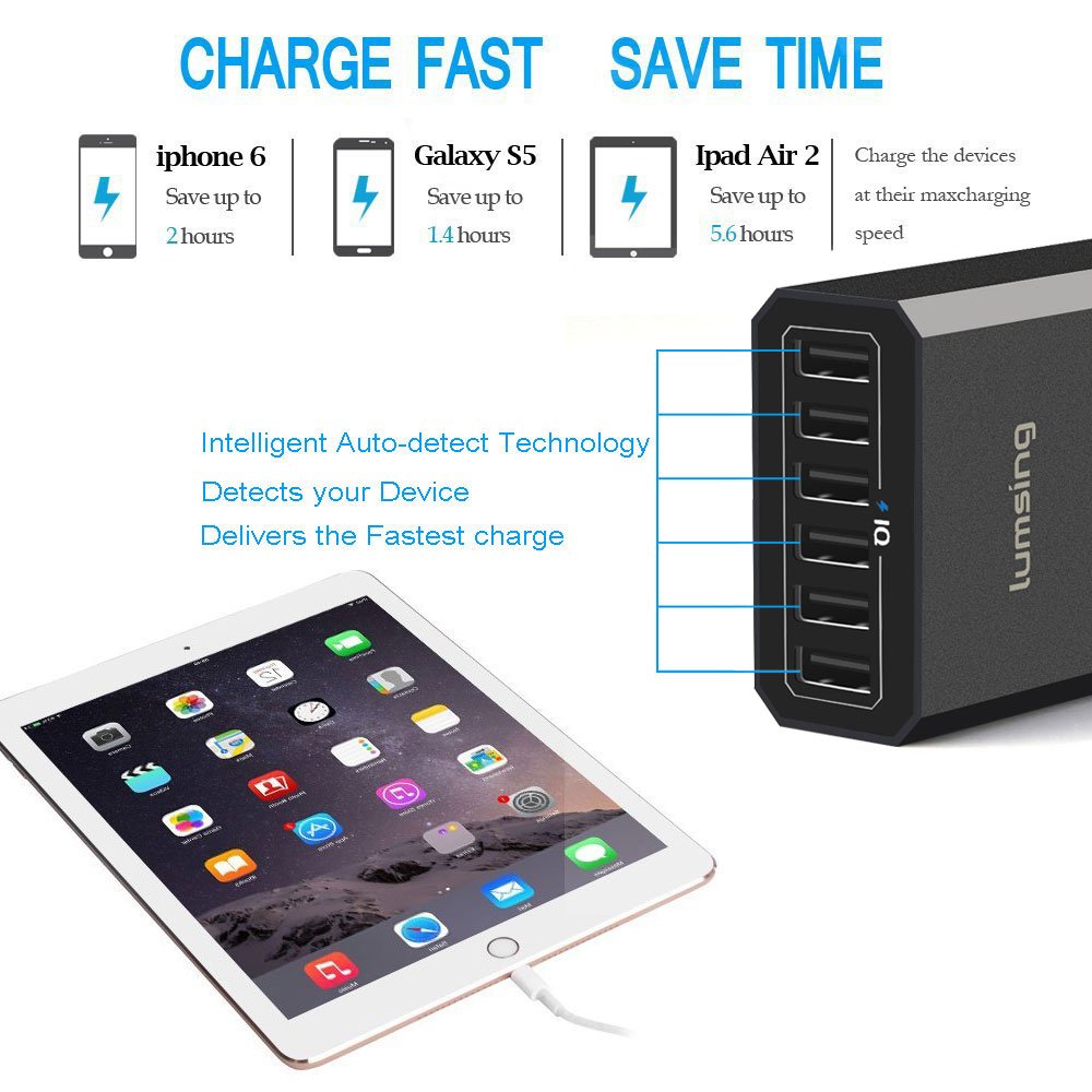 Lumsing 6 porte 60W Desktop Caricatore USB di ricarica adattatore con controllo intelligente per Samsung, iPhone, iPad, Apple, Smartphone e Tablets ecc. Nero