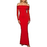 BORIFLORS Women's Elegant Off The Shoulder Bodycon Long Sleeve Maxi Dress Mesh Cocktail Party Wedding Guest Formal Dresses