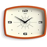 JONES CLOCKS&reg; Movie wall Clock | Rectangular Retro Clock | 10" | Orange | Cool mid-century designer look for kitchen, living room or office
