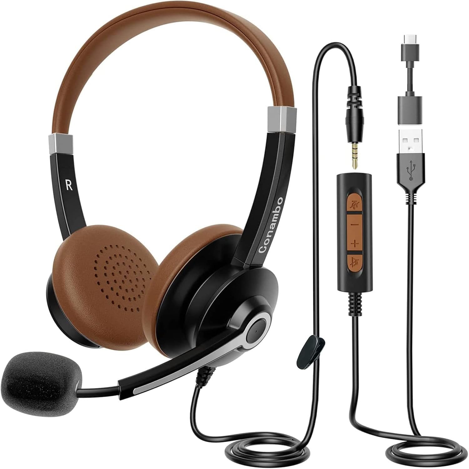 USB Headset with Microphone for PC, Computer Headset with Microphone, Noise Cancelling, Stereo Sound, Audio Control, 3.5mm/USB A/USB C, 231cm 139.4g, for Business Skype UC Call Center Office