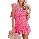 yoeasy Women Spaghetti Floral Print Tiered Tie Slim Fit Short Dresses Summer Sleeveless Ruffle Smocked Mini Dress