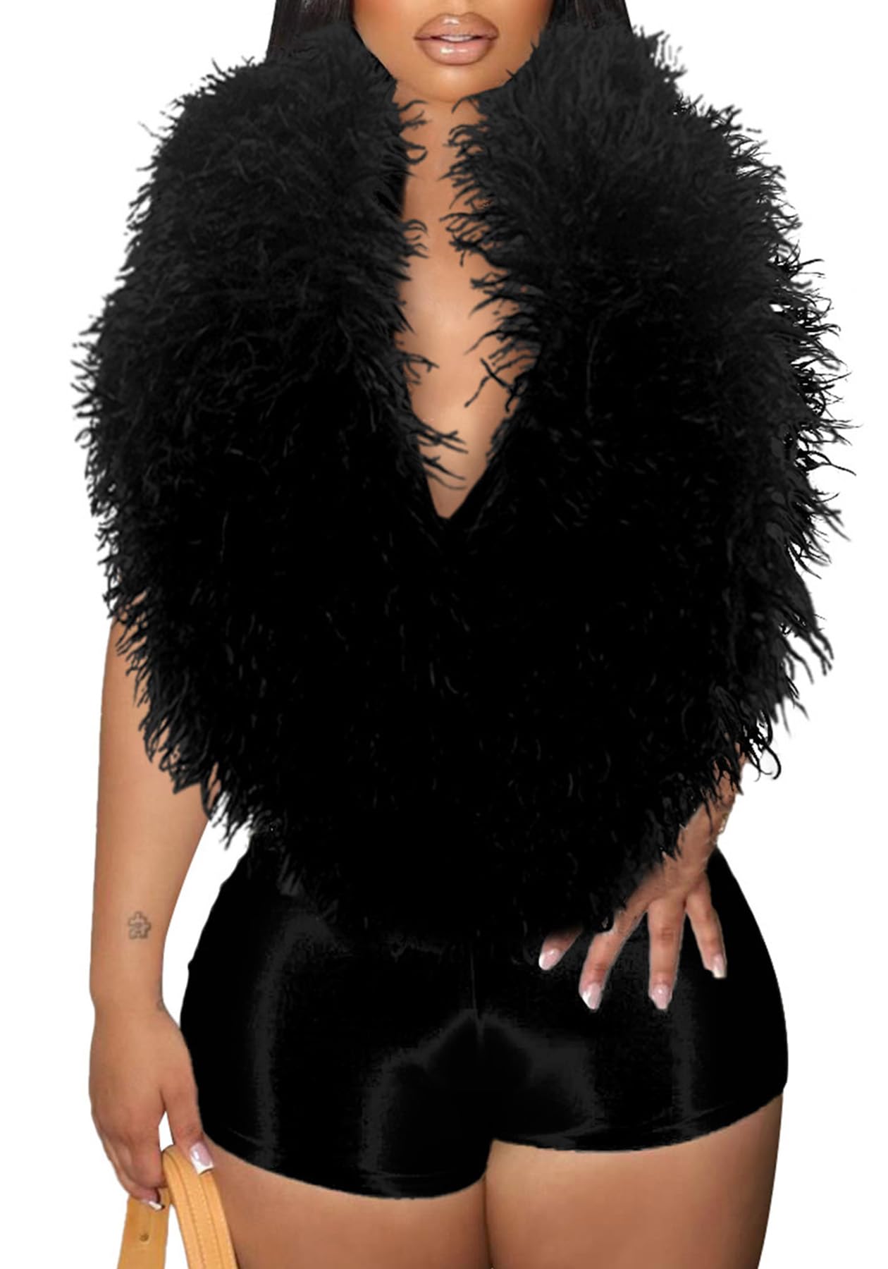 Photo 1 of NRTHYE Womens Halter Backless One Piece Jumpsuits Sleeveless Feather Deep V Neck Shorts Bodysuits Romper Club Outfits