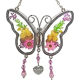 KOLIN Grandma Butterfly Suncatcher Gifts, Mothers Day Granny Birthday Gifts Presents from Grandson Granddaughter Real Flower Heart Charm Wind Chimes Window Ornaments