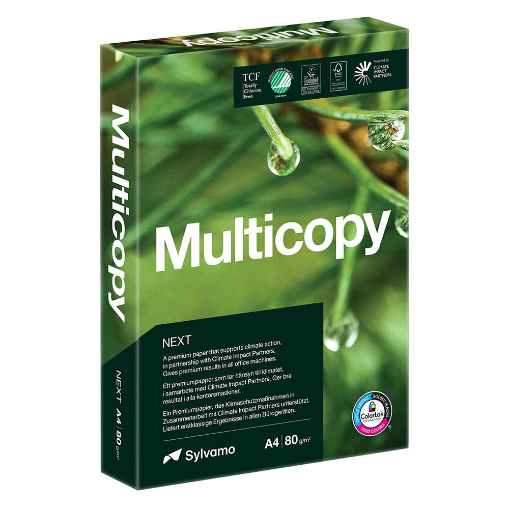 Multicopy Next A4 Printer Paper, 500 Sheets, 80gsm Ream, ColorLok Technology, Carbon Neutral, Multiple Eco‑Certificatons, for Inkjet & Laser Printing