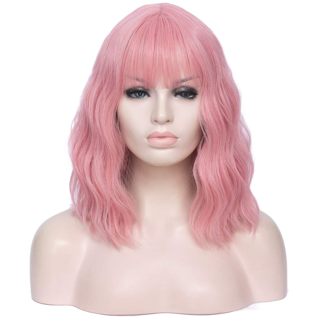 14 inch Fashion Big Wave Curly Bob Short Synthetic Wig Suitable for Women Cosplay Fancy Dress Wig with Free Wig Cap (Pink 2)