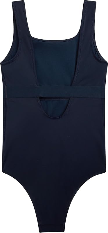 Fato de banho feminino de uma peça com decote quadrado e detalhes distintivos da marca, azul (azul escuro azul-marinho), 12-14 anos — foto 2 de 6