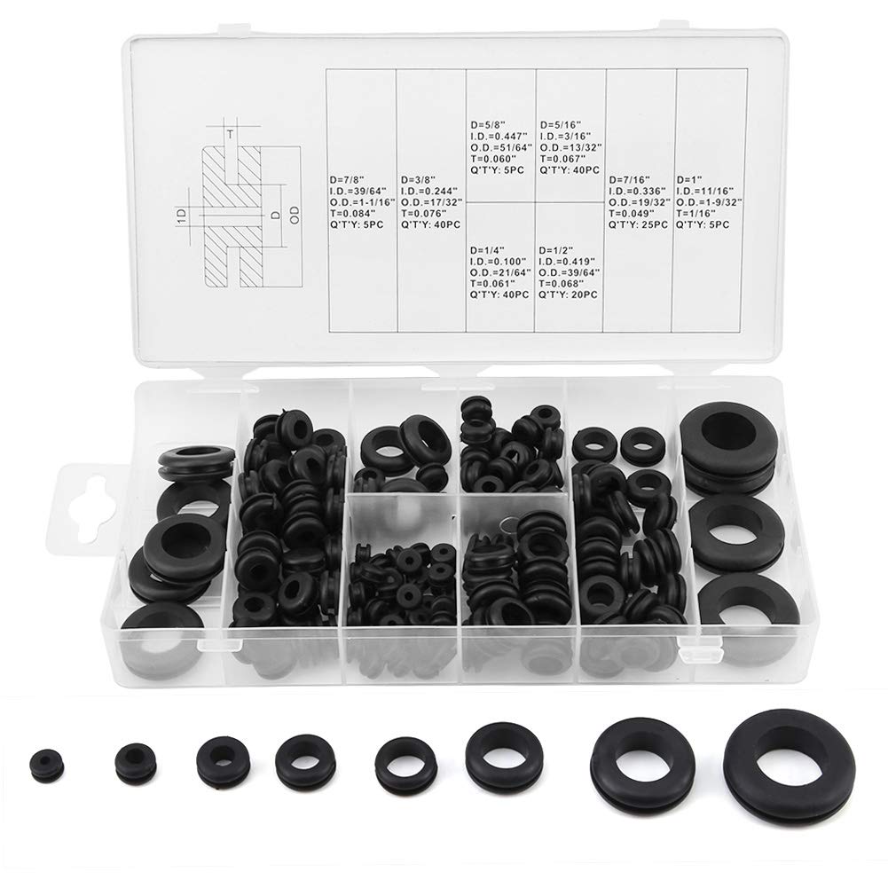 Caredy Rubber Grommet Kit, 180 Pcs Assortment, 8 Sizes, Heat & Oil Resistant, Black Rubber, Round Head, Flat Washer, PVC Case, Electrical & Plumbing Use