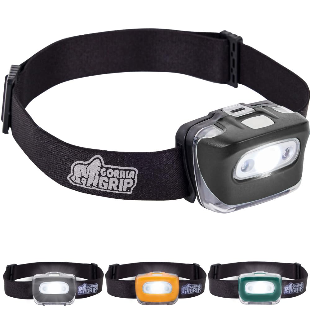 GORILLA GRIP Ultra Bright High Lumens LED Head Lamp, 7 Light Modes Water Resistant IPX4 Headlamp, Adjustable Headband, Battery Powered Outdoor Running, Camping Forehead Flashlight Lamps, 1 Pack Black